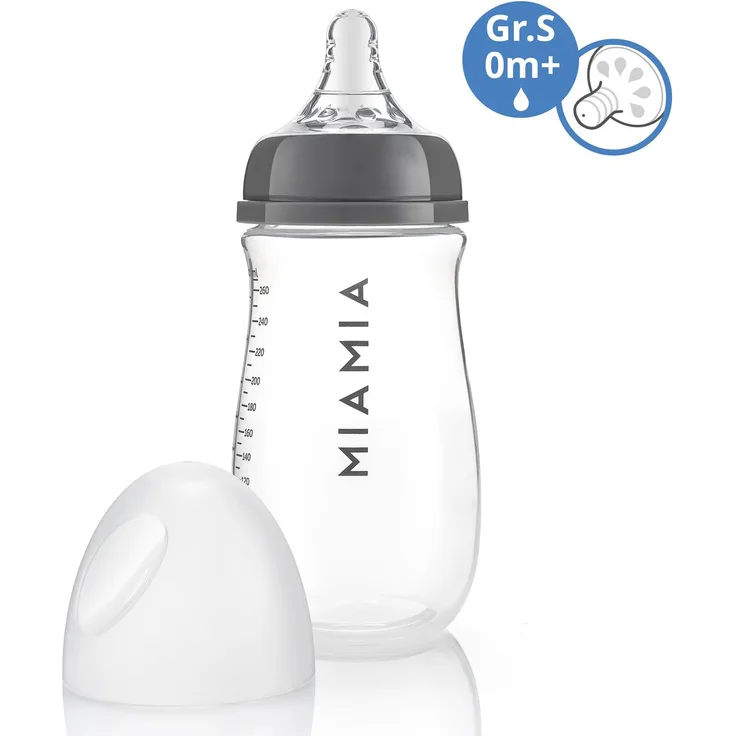 MiaMia PP-Flasche 260 ml, Babyflasche mit Silikon-Trinksauger Gr.S und Anti-Kolik-System, grau