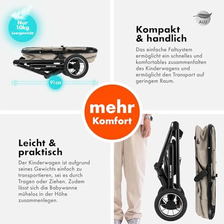Daliya FLEXI-PRO M 2in1 Kombikinderwagen, klappbar mit Liegefunktion, höhenverstellbar, abnehmbarer Babywanne und großem Einkaufskorb, Beige Leinen – Bild 6
