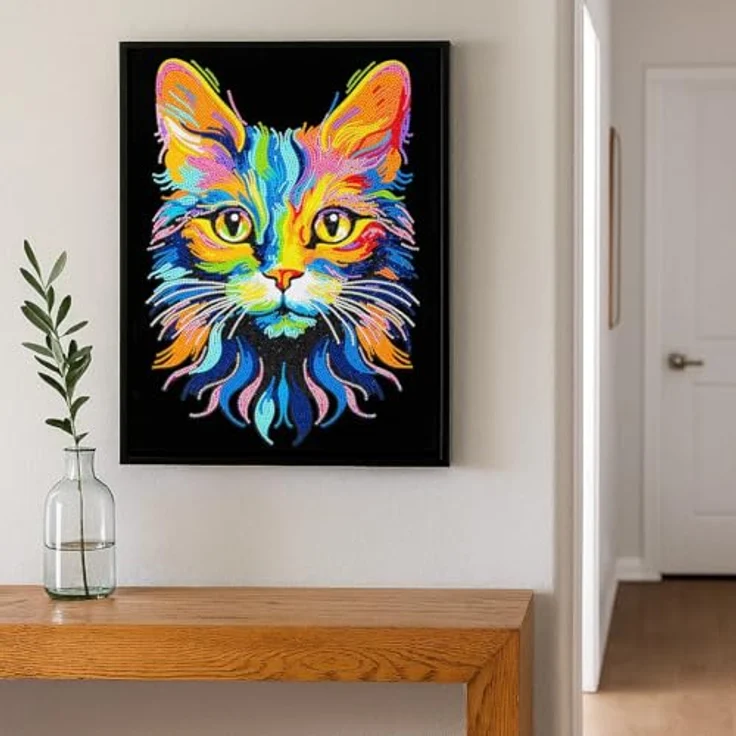 Diamond Dotz Kreativset Diamond Painting Neon Katze, hochwertige Strasssteine mit 13-Facettenschliff und Neonfarben auf schwarz beflocktem Hintergrund – Bild 5