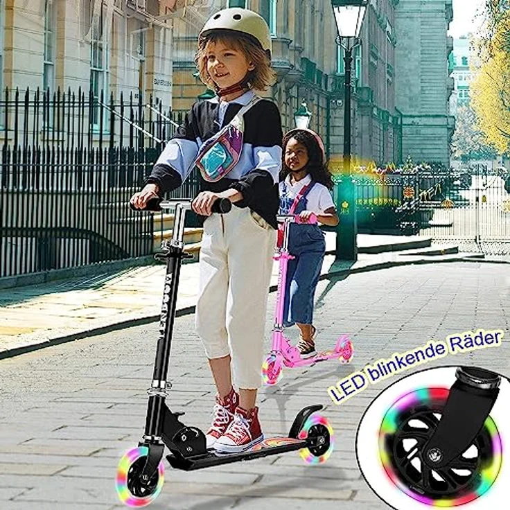 TENBOOM Kinder Scooter Tretroller mit 2 LED Leuchträdern, klappbar, höhenverstellbar, Hinterradbremse, für 3-10 Jahre, Aluminium, für Mädchen und Jungen – Bild 3
