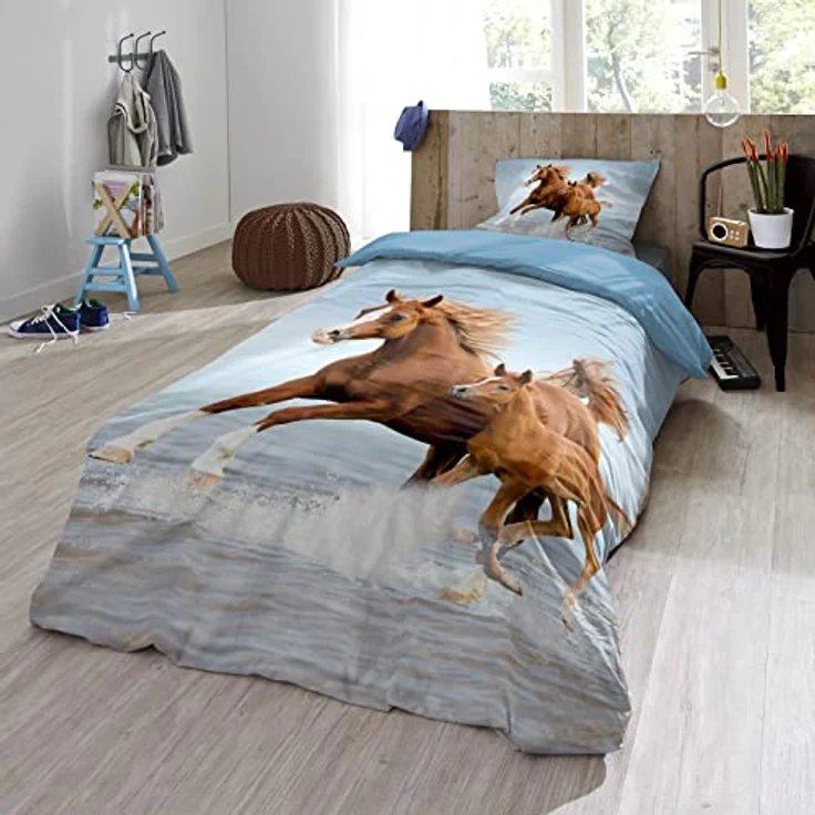 ESPiCO Bettwäsche Trendy Bedding Wildpferde Pferd Fohlen Stute Tiermotiv Gaul Meer Wasser Galopp Renforcé, 135 cm x 200 cm, blau – Bild 5