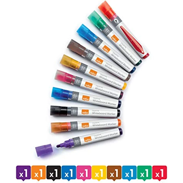 NOBO Liquid Ink Whiteboard Marker, 10er Set mit Rundspitze in 10 Farben, geruchsarm und trocken abwischbar – Bild 6