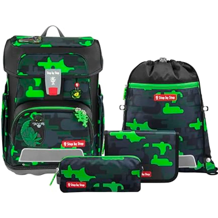 Step by Step Cloud „Black Cat Chiko“ Schulranzen-Set, 5-teilig, ergonomisch, schwarz-grün, Panther-Design, höhenverstellbar, reflektierend, 19L, für Jungen ab 1. Klasse – Bild 1