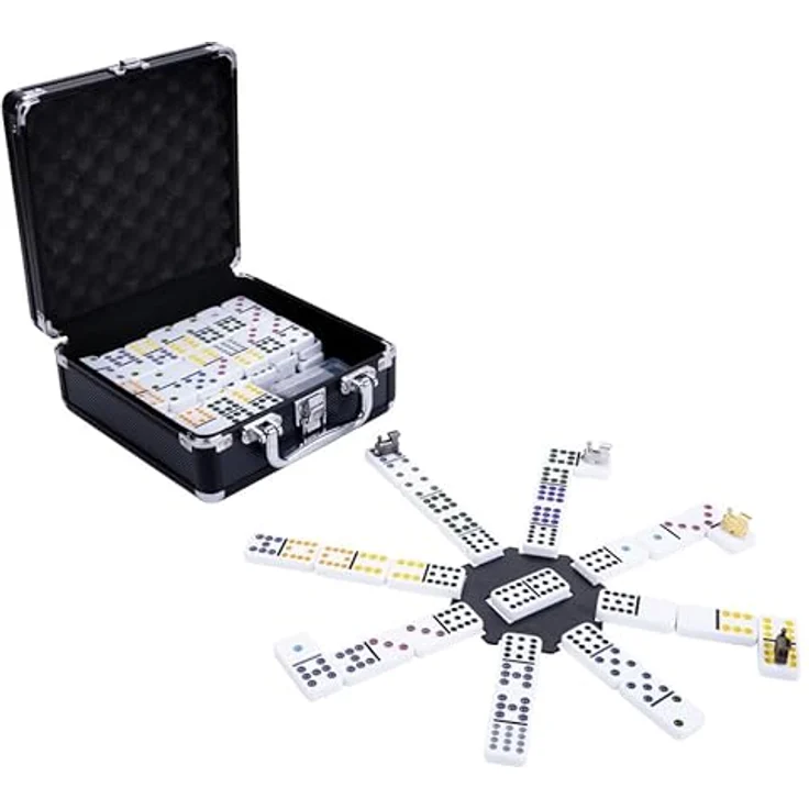 Engelhart Domino Zug D12, mexikanisches Legespiel mit 91 Dominosteinen, 8 Metall-Lokomotiven und Aluminiumkoffer für 2 bis 8 Spieler – Bild 3