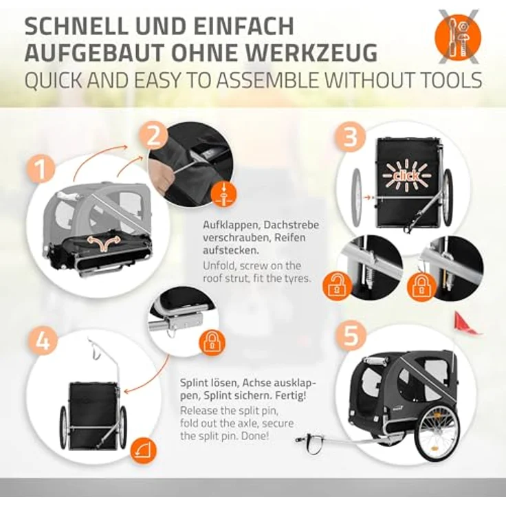 Hauki Fahrradhundeanhänger & Hundebuggy klappbar, 130x72x90 cm Schwarz mit Reflektoren Leine und Flagge bis 4 – Bild 4