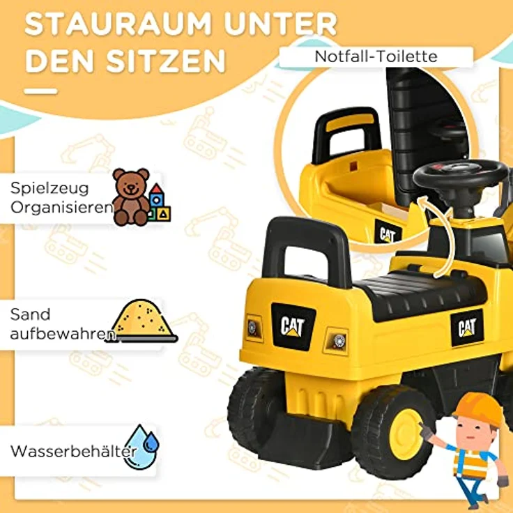 HOMCOM Sitzbagger, Rutscherfahrzeug mit Schaufel, Aufsitzbagger, Kinderbagger zum draufsitzen mit Hupe, Stauraum unter Sitz, Rutschauto für Kinder ab 12 Monaten, Gelb+Schwarz, 78 x 29,5 x 54 cm – Bild 6