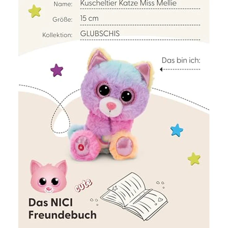NICI GLUBSCHIS Kuscheltier Katze Miss Melli 15 cm - Bunte Stofftier mit Glitzeraugen und superweichem NICI Plüsch-Fell – Bild 5