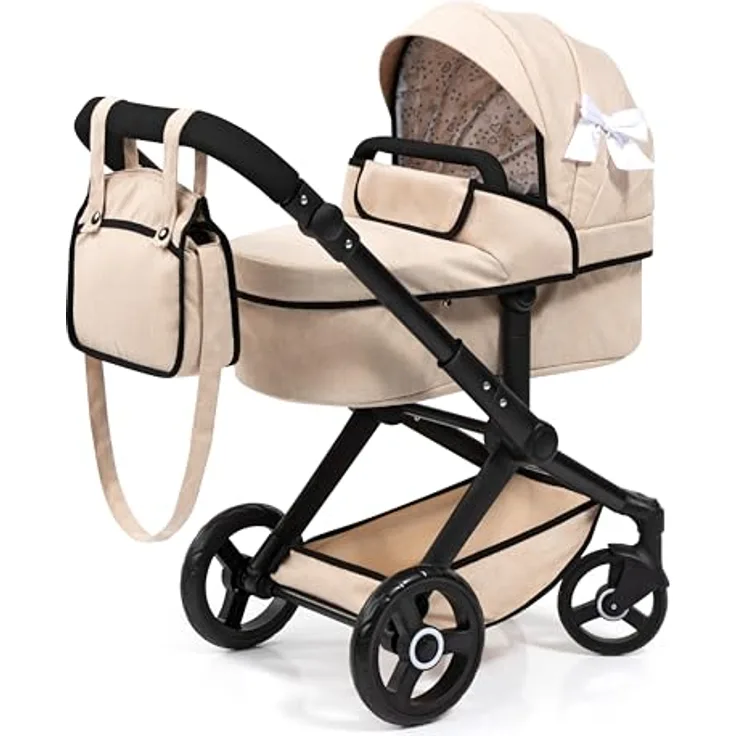 Bayer Kombi-Puppenwagen Xeo, höhenverstellbar, umwandelbar zur Wanne oder zum Sportsitz, schwenkbare Vorderräder, inkl. Umhängetasche, bis 46 cm Puppen, modern grau