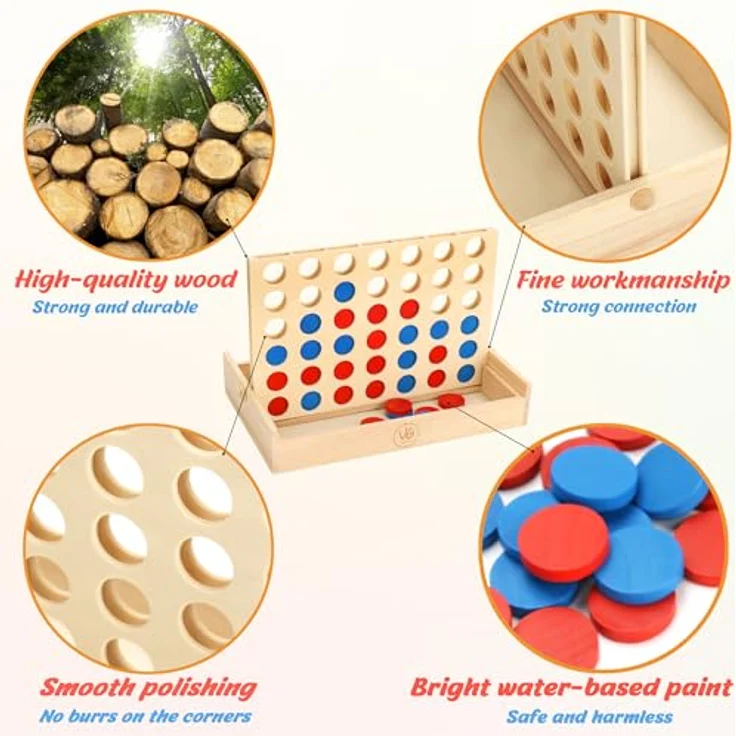 VingaHouse Vier gewinnt Holz, Kinder Brettspiel,4 in Einer Reihe Reihe Vertikales Brettspiel, Strategiespiel für 2 Spieler,Pädagogische Spielzeuggeschenke für Kinder geeignet（Holz） – Bild 6