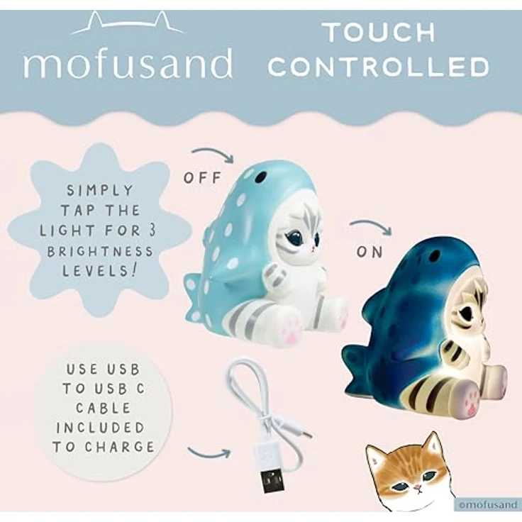 Blue Sky Studios Mofusand Mood Light, Tischlampe Katze im Haikostüm, Micro-USB/Batteriebetrieb, kompakte Größe – Bild 4