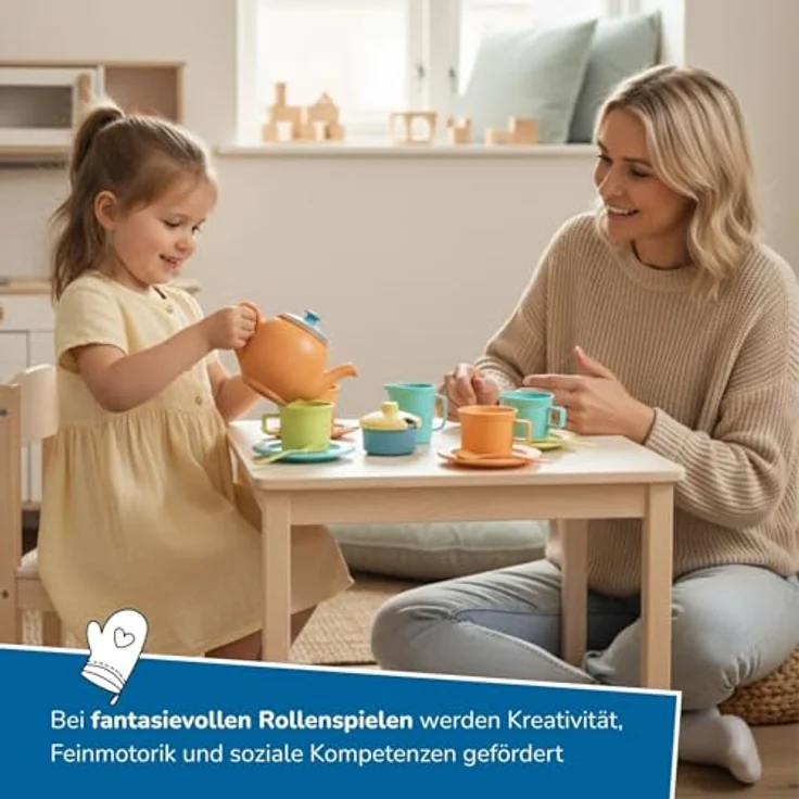alldoro 60422 Teeservice Kinderküche, 15-TLG. Set aus Kunststoff-Weizenstroh, mehrfarbig, Rollenspiel Geschirr für Kinder ab 3 Jahren, Indoor & Outdoor – Bild 3