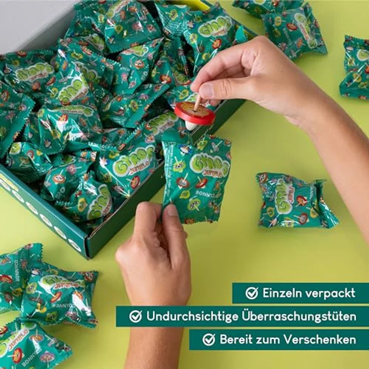 BONNYCO Holz Kreisel für Kinder, 40 Stück Mitgebsel Kindergeburtstag mit Dschungeltier-Motiven, perfekt für Gastgeschenke und Pinata Füllung – Bild 2