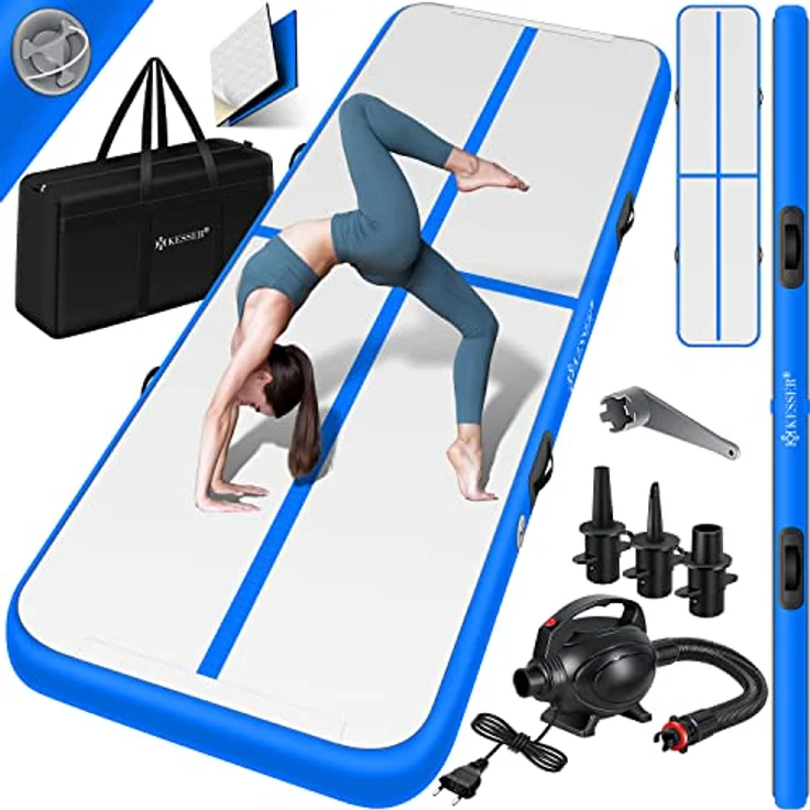 KESSER® Turnmatte Aufblasbar Airtrack Fitness-Matte Gymnastikmatte 3/4/5/6m | inkl. Tragetasche & elektr. Luftpumpe | Yogamatte, Tumbling Matten , Trainingsmatte Sportmatte Yoga, Turn- & Fitness Blau, 400 x 100 x 10 cm – Bild 2