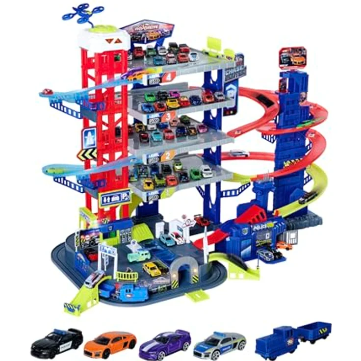 Majorette Super Chase Center, Parkhaus mit 6 Etagen, Verfolgungsjagd, inkl. 4 Die-Cast Spielzeugautos, Zug, Aufzug, Licht & Sound, Black – Bild 1