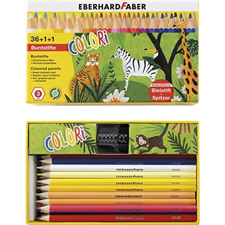 Eberhard Faber 514838 - Colori Stifte-Set mit 36 Sechskant-Buntstiften, 1 Bleistift und einem Spitzer, wasserfest und bruchsicher, im Kartonetui, Farb-Stifte zum Malen, Illustrieren und Zeichnen – Bild 3