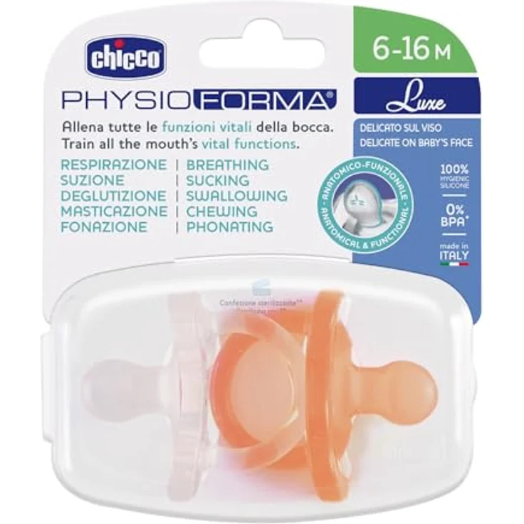 Chicco PhysioForma Luxe Silikon Schnuller, 6-16M, Grau-Orange, unterstützt die physiologische Atmung, fördert die Mundentwicklung, 2 Stück – Bild 3