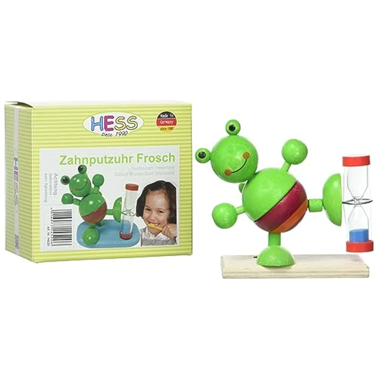 Hess Holzspielzeug 14520 - Zahnputzuhr aus Holz für Kinder, Serie Frosch, inkl. Zahnbürstenhalter und drehbarer Sanduhr, handgefertigt, zur täglichen Nutzung beim Zähneputzen – Bild 2