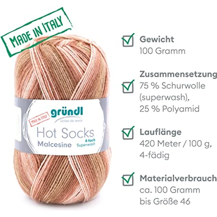 Gründl Hot Socks Malcesine (Sockenwolle aus 75% Schurwolle (superwash) und 25% Polyamid, Made in Italy, 4-fach Sockengarn, 100 g / 420 m, Nadelstärke: 2,5 mm - 3 mm, 1 x 100 g), kamel multicolor – Bild 2