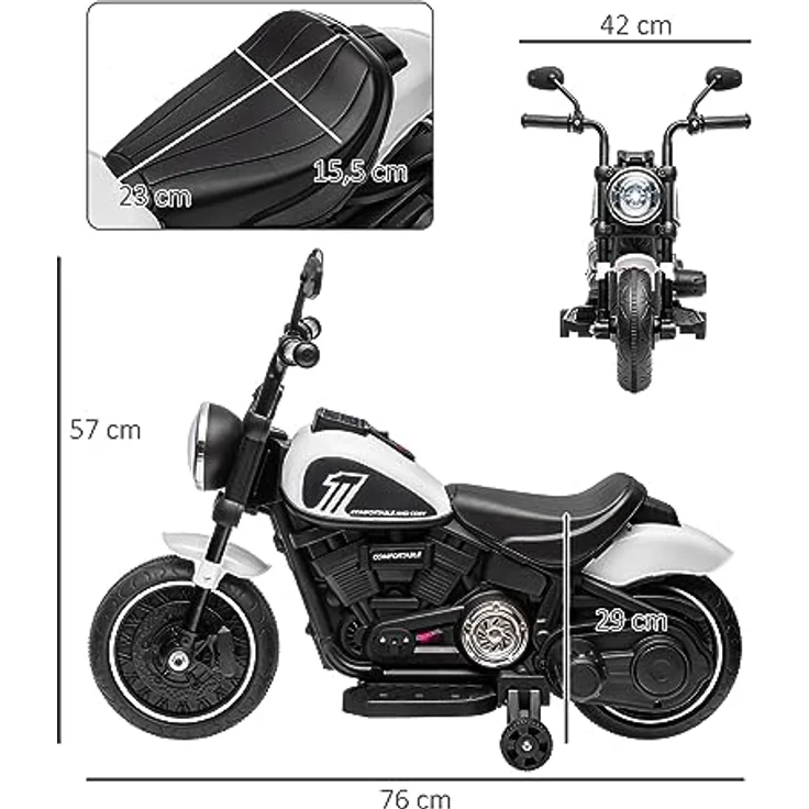 HOMCOM Elektro-Kindermotorrad mit 2 abnehmbaren Stützrädern, 3 km/h, Belastbarkeit 25 kg, (1-tlg), weiß – Bild 5