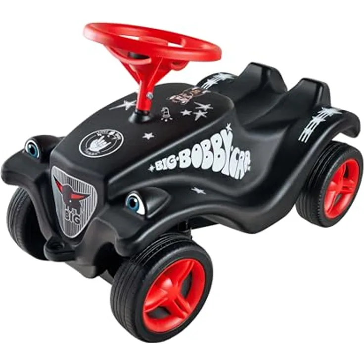 BIG Spielwarenfabrik Big Bobby Car Classic Little Rocker - Rutschauto ab 1 Jahr im Rock n‘ Roll-Design mit rotem Sicherheits-Lenkrad und Hupe, für Kinder ab 12 Monaten (bis 50 kg), schwarz mit Aufklebern
