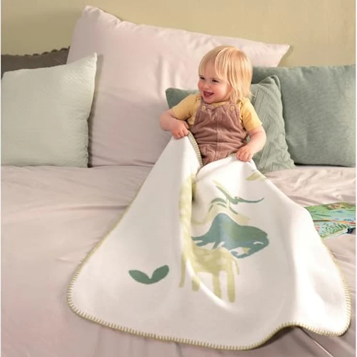 Biederlack Kinderdecke, Mehrfarbig, 75x100 cm, Kuschelweich mit Elefant und Giraffe, Häkelsaum – Bild 4