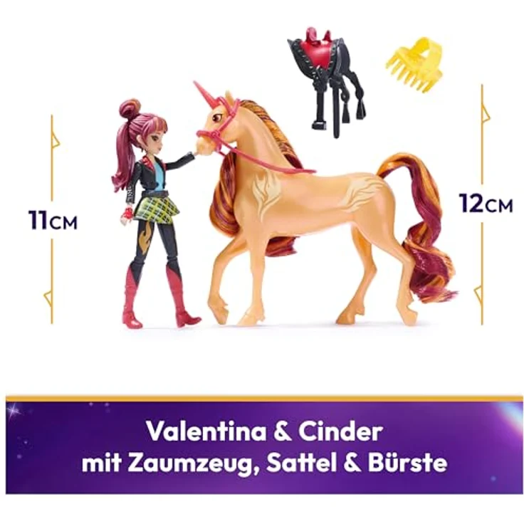 Spin Master Anziehpuppe 6066850 Unicorn Academy - Valentina und Einhorn Cinder, Feuerthema, 12 cm groß, 7 Gelenke, ab 4 Jahren – Bild 2