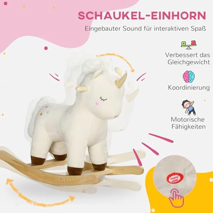 AIYAPLAY Schaukeltier mit Unicorn Design, Sound, Schaukelpferd, Schaukelspielzeug, Plüsch, Weiß, für Kleinkinder ab 2 Jahre – Bild 3