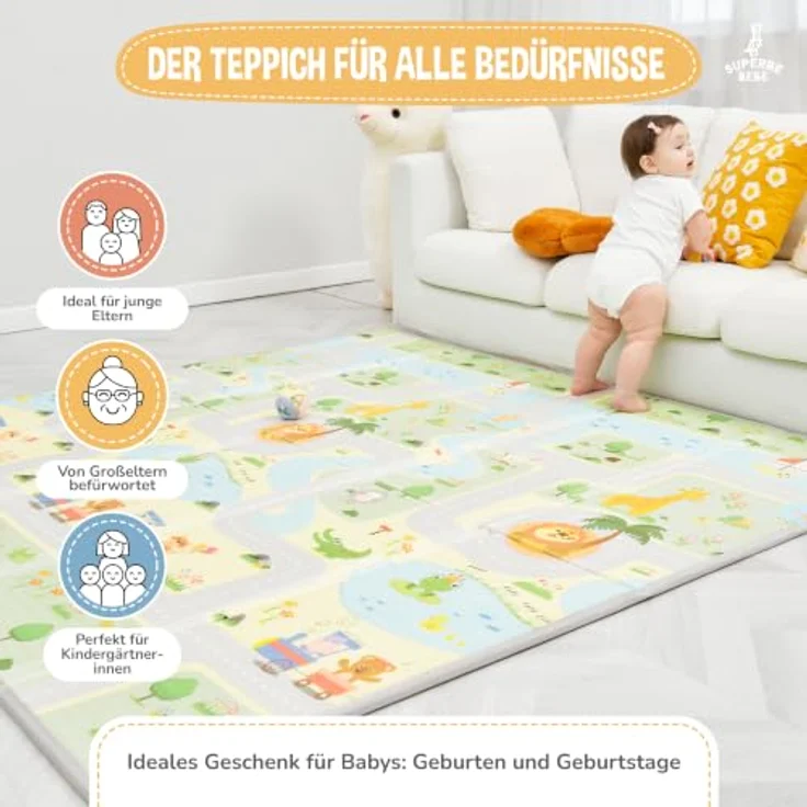 SUPERBE BEBE Krabbelmatte Faltbar 180x200x1.5cm, Wasserdicht, Ökologisch, Rutschfest, Umkehrbar, Mit Buchstaben und Zahlen für Babys und Kinder – Bild 4