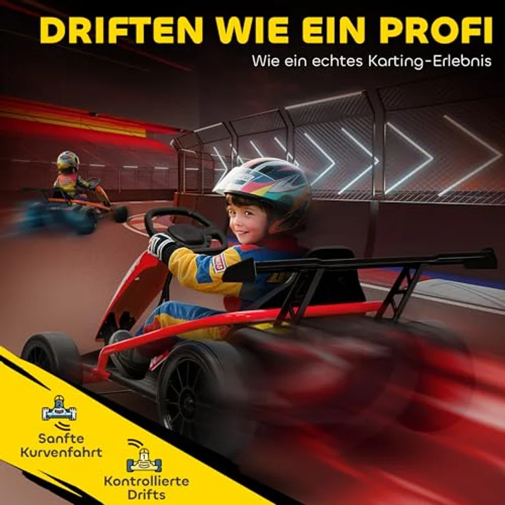 AIYAPLAY Kinder Elektro Gokart 24V Drift Kart mit 2 Motoren, 6-13 km/h, verstellbarem Sitz, Driftmodus, sanftem Start, Musik und Hupe, rot, für 8-12 Jahre – Bild 3