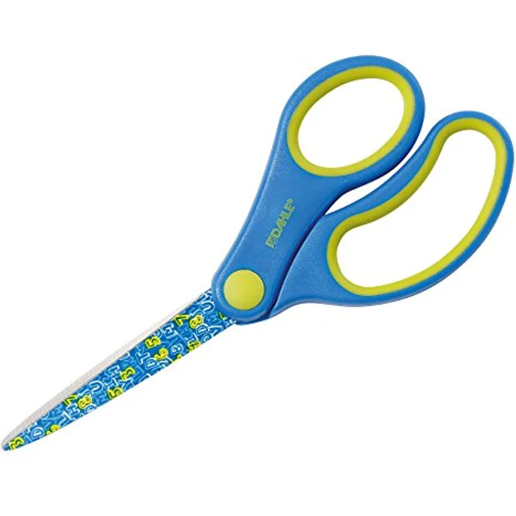 DAHLE Kinderschere KIDS 54665, 5,5 Zoll (14 cm), spitz, blau mit ABC-Motiv, ergonomische Softgriffe