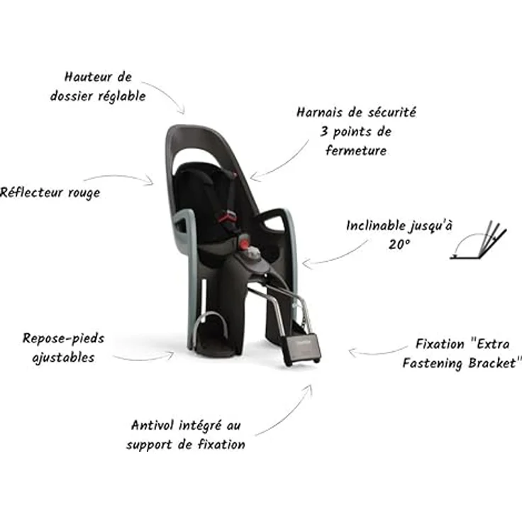 HAMAX 553102 Caress Fahrrad-Kindersitz, Befestigung Rahmenrohr, grün/schwarz, 20° Ergonomische Schlafposition, verstellbare Sitzlehne, integrierte Polsterung, neues Fußstützensystem – Bild 5