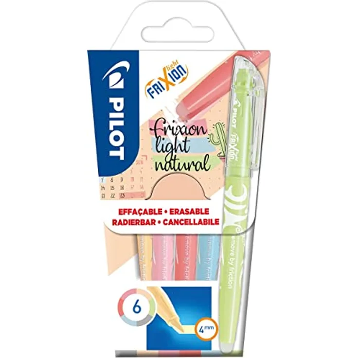 Pilot FriXion Light Natural – 1 Packung mit 6 radierbaren Textmarkern, Rosa, Gelb, Violett, Blau, Orange, Grün