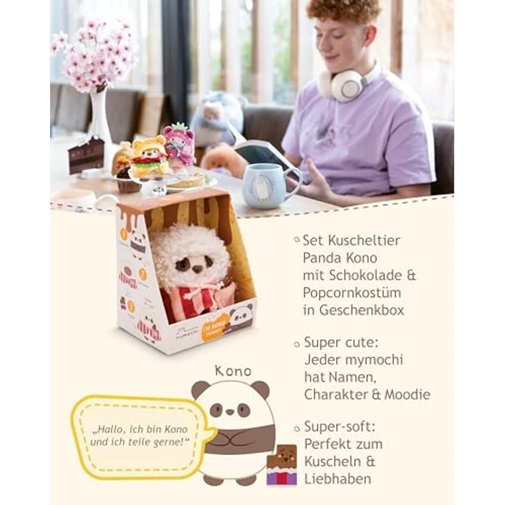 Nici Kuscheltier mymochi, Set Panda Kono 8 cm mit Schokolade und Popcornkostüm, NICI Plüsch in Geschenkbox – Bild 3