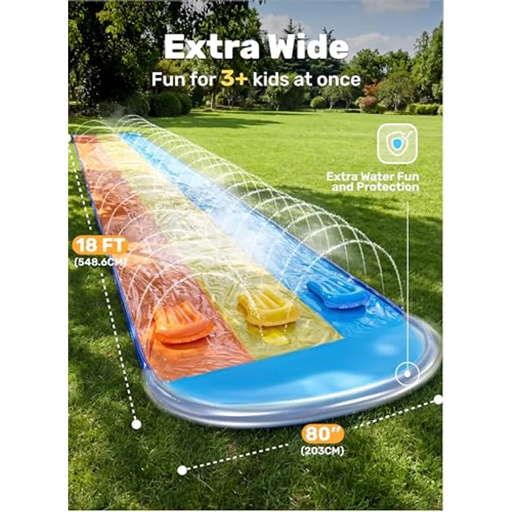 Sloosh 18ft/548cm Dreispurige Wasserrutsche mit 3 Bodyboards und integrierten Sprinklern, extra breite Rasen-Wasserrutsche für Kinder und Erwachsene, Außen-Wasserspielzeug für Sommer-Spaß – Bild 2