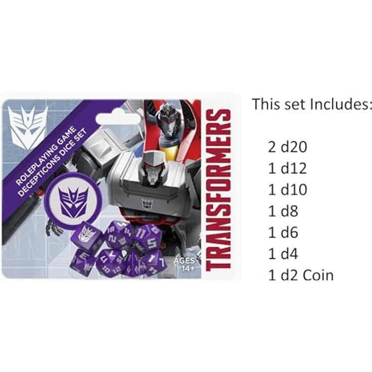 Renegade Game Studios Transformers RPG Decepticon-Würfel-Set, 8-teilig, violett, inklusive 2d20, d12, d10, d8, d6, d4 und d2-Münze, geeignet für Essence20 Rollenspielsystem – Bild 4