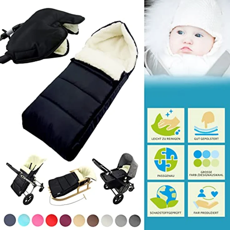 BAMBINIWELT KOMBI-ANGEBOT Muff + Winterfußsack 108cm - aus Lammwolle für Kinderwagen, Buggy, Radanhänger - WOLLE - LINIERT - SCHWARZ – Bild 3