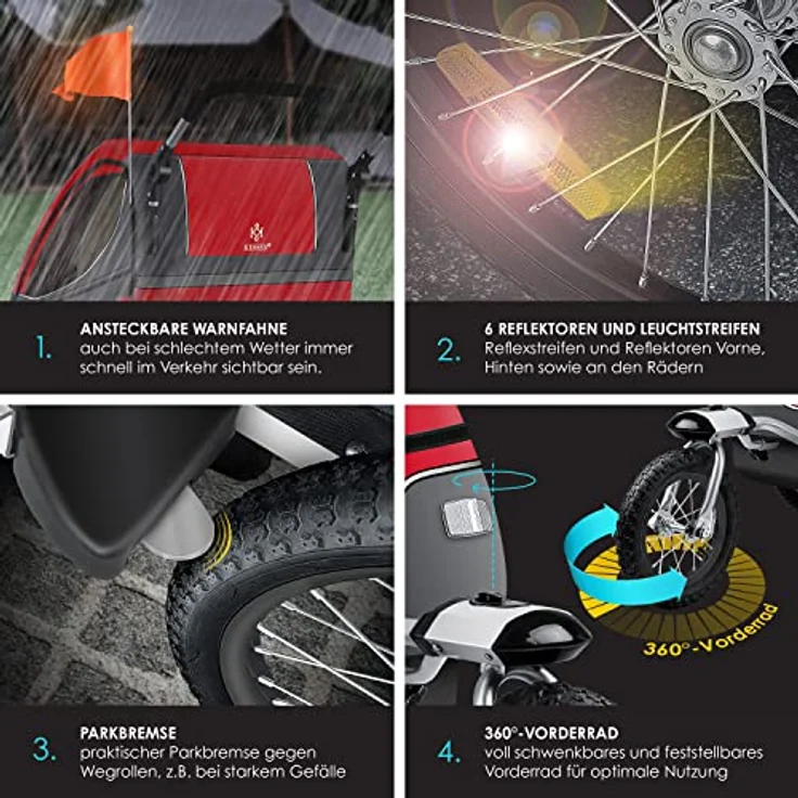 KESSER® Cruiser Kinderanhänger Fahrradanhänger 360° Drehbar mit Federung 2in1 Joggerfunktion Kinderfahrradanhänger + 5-Punkt Gurt Jogger Fahrrad Anhänger für 1 bis 2 Kinder max. 40kg Rot – Bild 5