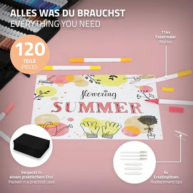 ECD Germany Kreativset Malkoffer 121-tlg, Dual Brush Pen Set mit 120 Farben, wasserbasierte Doppelfasermaler, praktisches Mäppchen mit Reißverschluss – Bild 3