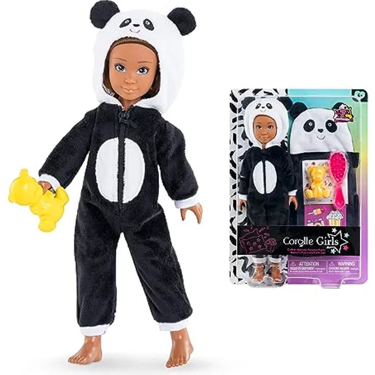 Corolle 9000600200 Girls Melody Pyjama Party, Ankleidepuppe im kuscheligen Panda-Onesie, 7 Teile, Schlafsack, Vanilleduft, 28cm, ab 4 Jahren