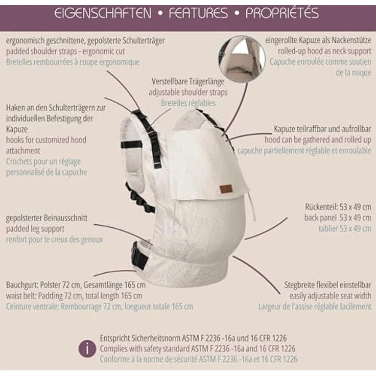 Hoppediz Babytrage Buckle Toddler, verstellbares Rückenteil, ergonomische Träger, integrierte Kopfstütze, für Kinder von Größe 80/86 bis 116 – Bild 6