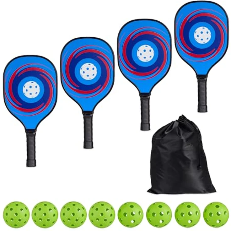 Relaxdays Pickleball Set, 4 Schläger & 8 Bälle, Holz, mehrfarbig, für Kinder & Erwachsene, inkl. Transportbeutel – Bild 1
