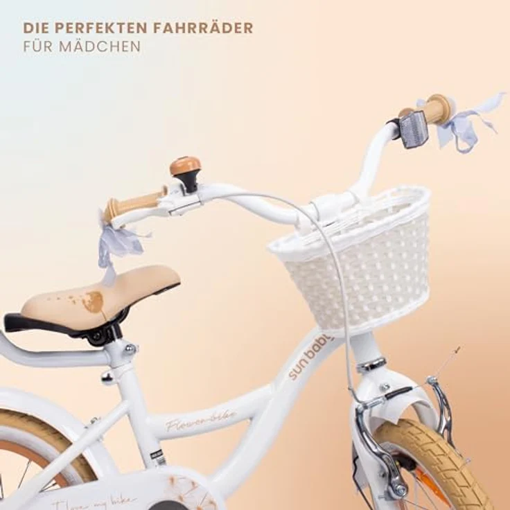 sun baby Mädchenfahrrad 14 Zoll Flower Bike mit Abnehmbarer Schubstange, Kinderfahrrad für Mädchen von 2 bis 6 Jahre (Weiß Beige) – Bild 2