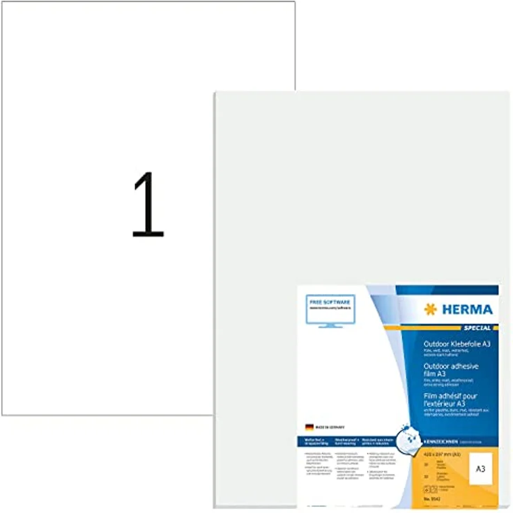 HERMA 9542 Wetterfeste Folienetiketten, 297 x 420 mm, selbstklebend, bedruckbar, matt, weiß – Bild 1