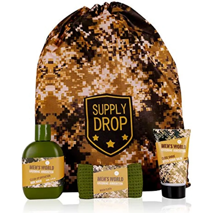 accentra Geschenkset Men`s World, Badeset für Männer, Duschgel, After-Shave-Balsam, Handtuch, Turnbeutel im Camouflage Look