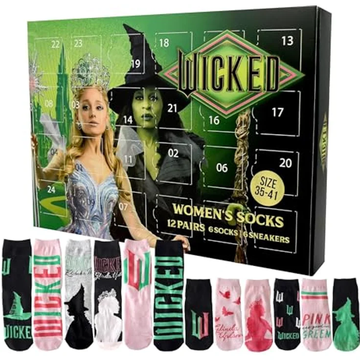 United Labels Wicked Adventskalender, 12 Paar Damen-Socken Größe 35-41, Sneaker und lange Socken mit ikonischen Designs, offizielles Merchandise aus dem Kinohit – Bild 1