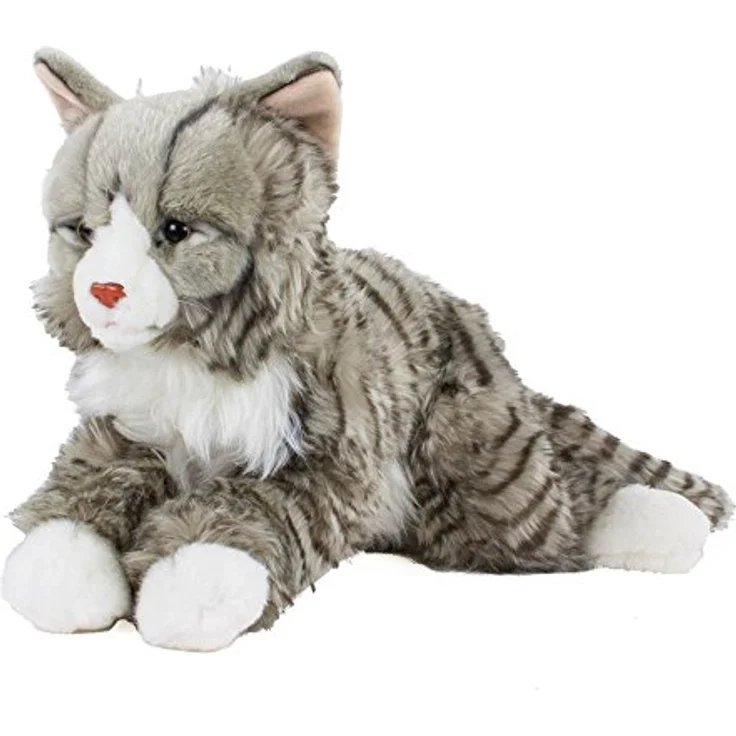 Teddys Rothenburg Kuscheltier Maine Coon norwegische Katze liegend grau getigert, 38cm Plüsch, waschbar bis 30°C, Uni-Toys Qualität – Bild 1