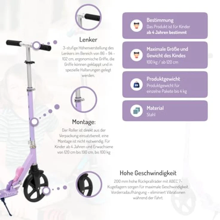 COIL Cityroller Kinderoller, Faltbarer Scooter, Höhenverstellbar bis 15 km/h, ABEC-7-Lager, 20 cm Räder, Fußbremse – Bild 3