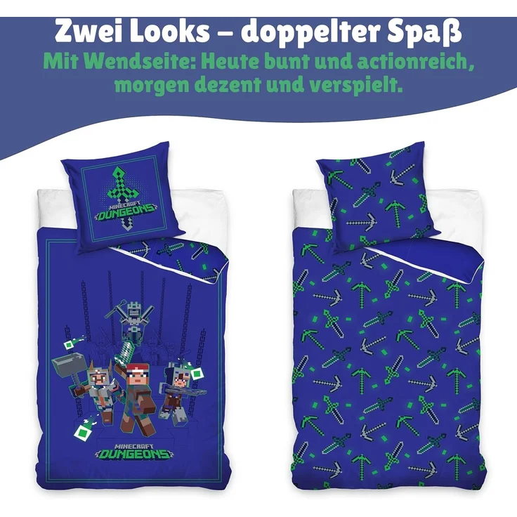 Minecraft Bettwäsche Set für Jungen Kinderbettwäsche 135x200 80x80 cm Motiv Ores mit Steve und Creeper – Bild 5