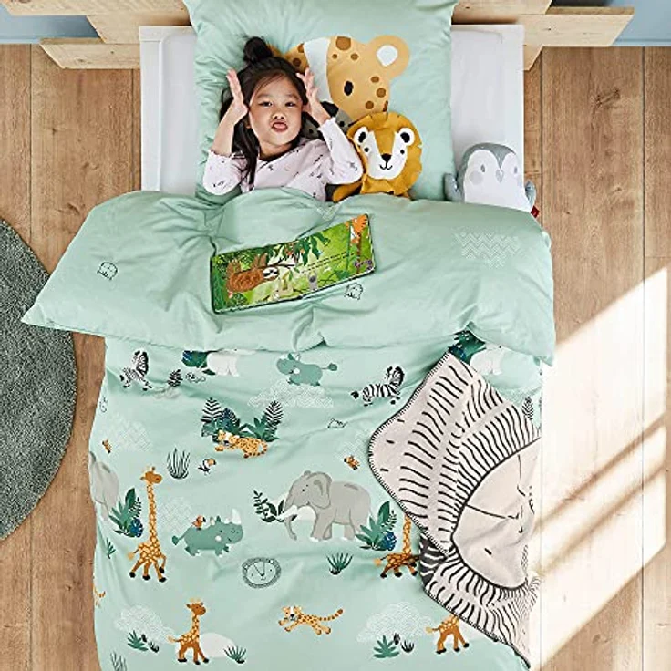 s.Oliver Kinderbettwäsche Tiere 135x200 cm - 100% Baumwolle, praktischer Reißverschluss & maschinenwaschbar, Bettwäsche für Kinder 2tlg. Zootiere hellgrün – Bild 3