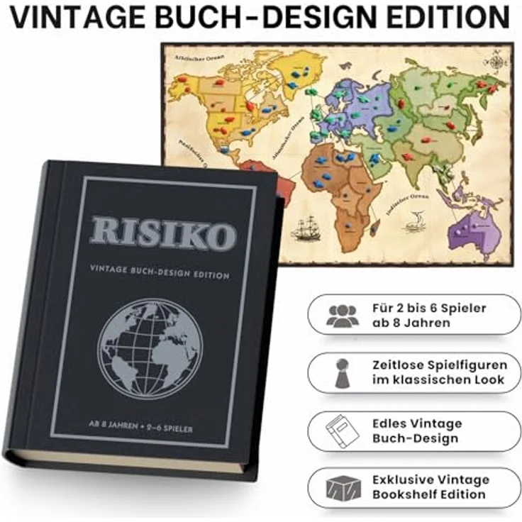 Gomazing Risiko Vintage Buch Design Edition, Strategiespiel mit Weltkarte, 6 Armeen in Aufbewahrungsboxen, für 2-6 Spieler ab 10 Jahren – Bild 2